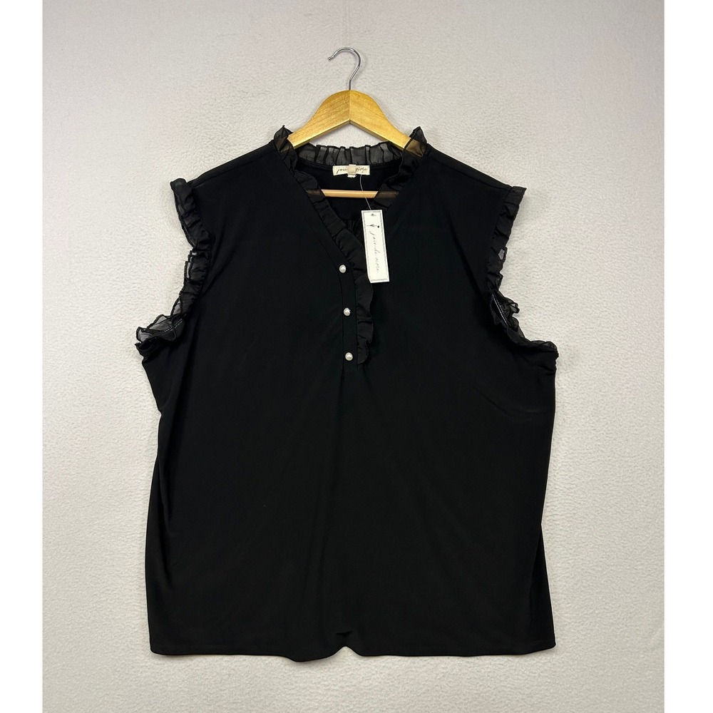 Romantic Professional Joie De Vivre Womens 3X Black Ruffle Pearl V-Neck Blouse